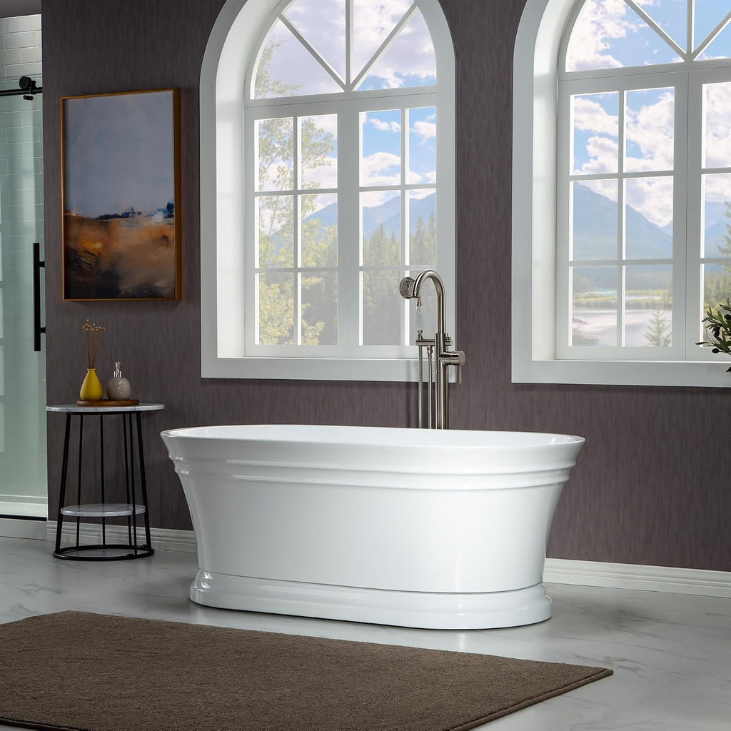 WOODBRIDGE 59'Freestanding White Acylic Soaking Bathtub with Chrome Drain and Overflow,B1536-C