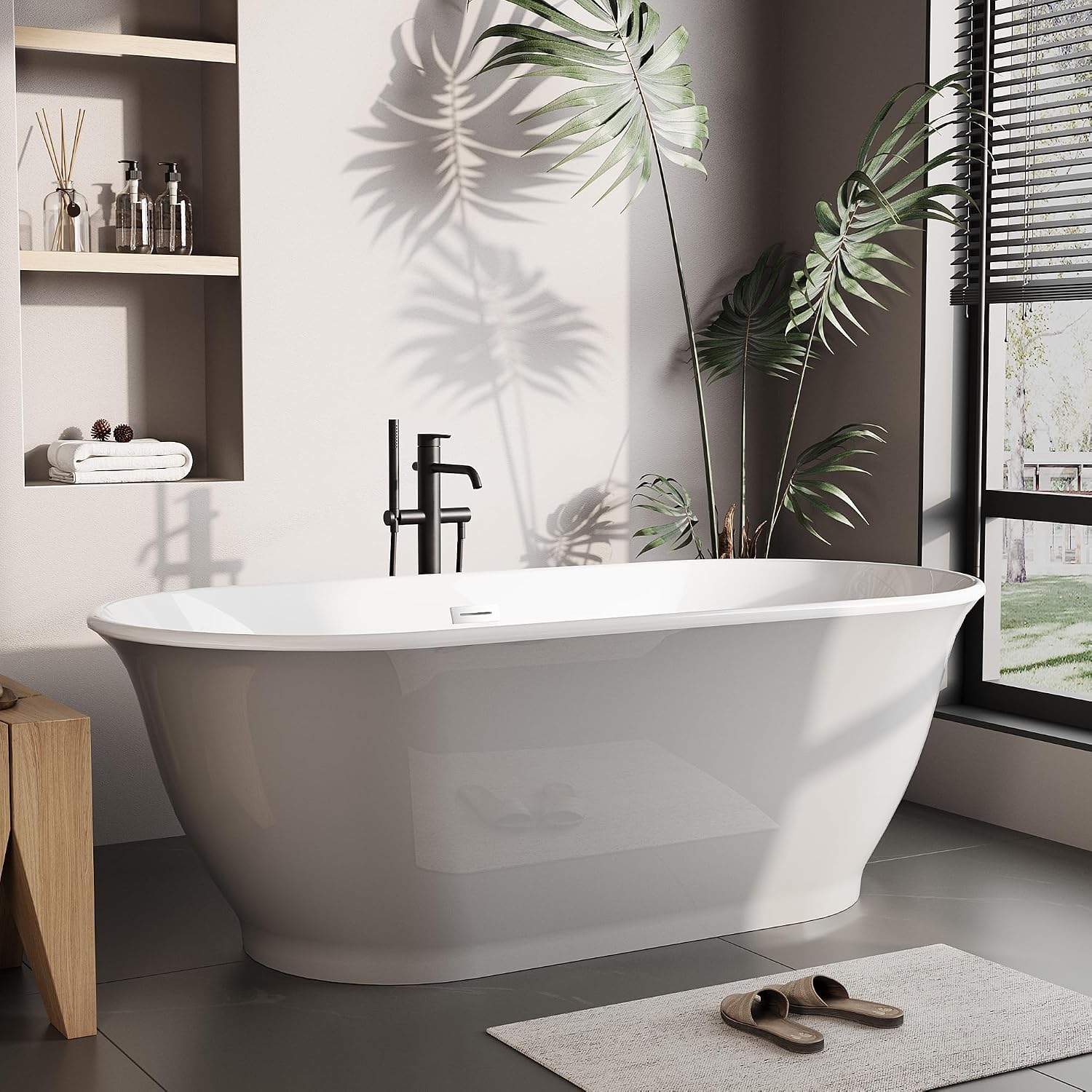 67' Free Standing Tub, Acrylic Soaking Bathtub, Stand Alone Freestanding Tub with Matte Sliver Drain and Overflow, Contemporary Bathtub for Bathroom, Grey