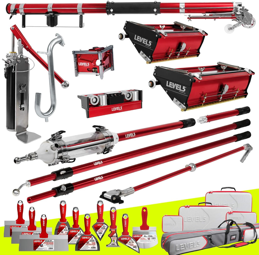 LEVEL5 Automatic Drywall Taping and Finishing Tool Set | 4-660 | Automatic Taper, 10'/12' Flat Boxes, 3' Angle Head, MiniShot, Corner Roller, Standard Handles, Pump, Gooseneck