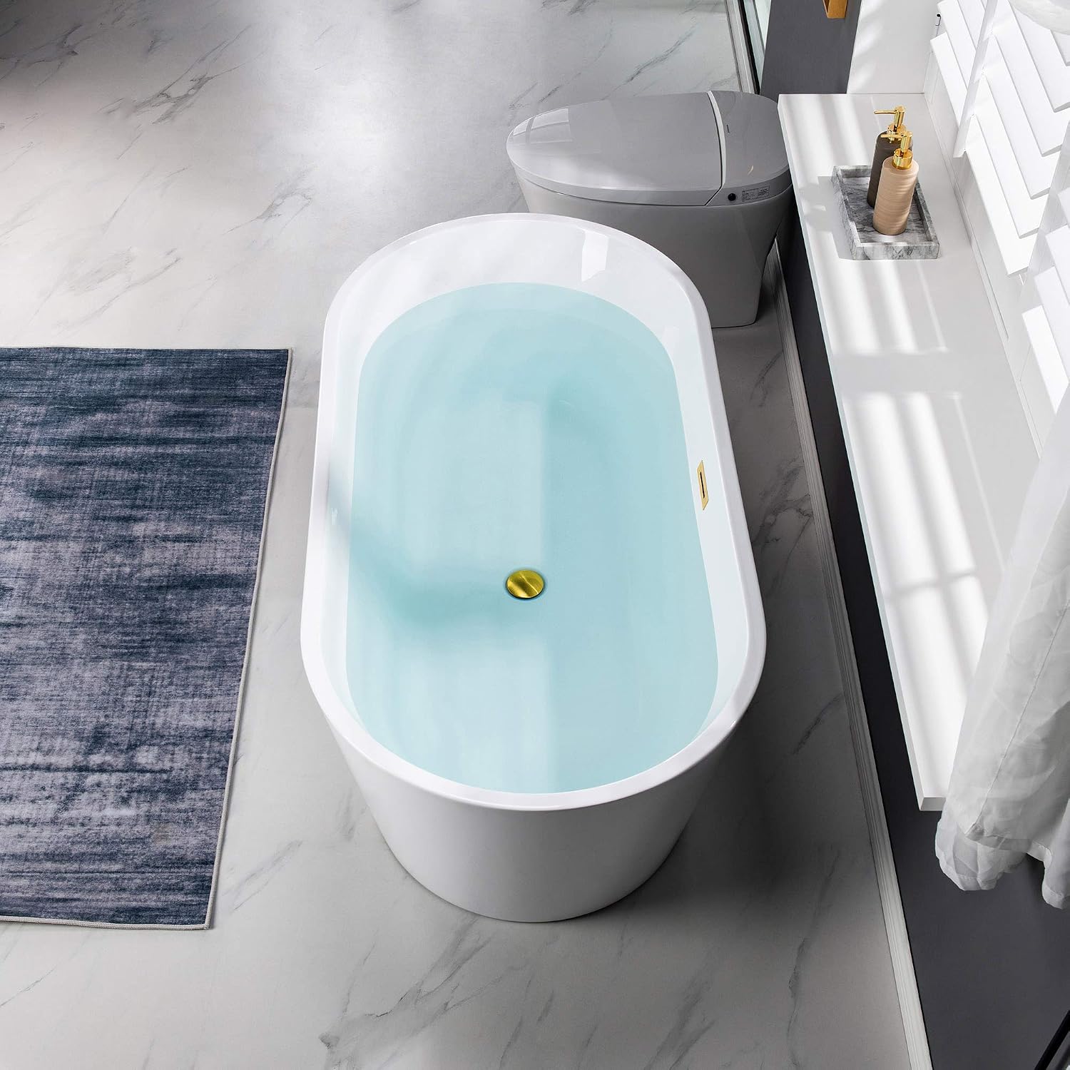 WOODBRIDGE 59' Freestanding White Acrylic Soaking Bathtub with Brushed Gold Drain and Overflow,BTA1514 -BG-Drain &O