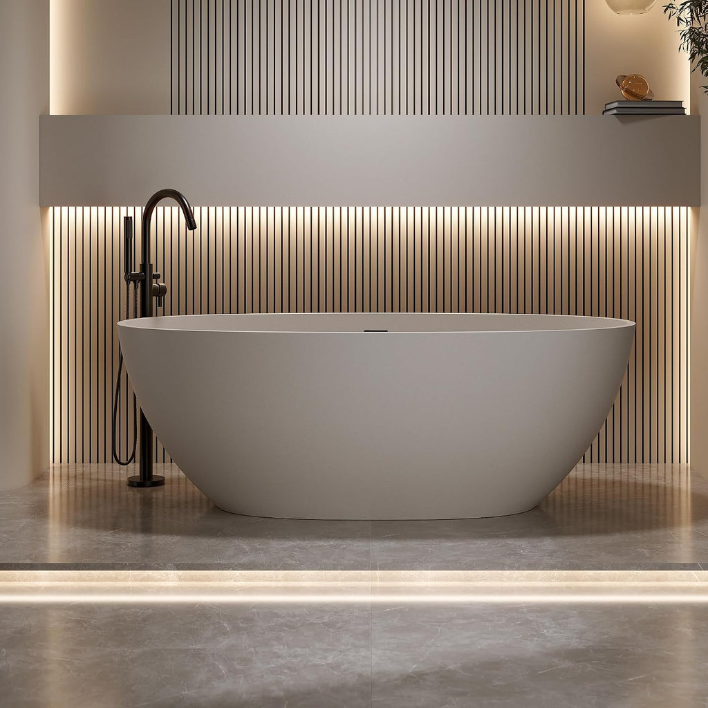 59'' Freestanding Bathtub Resin Stone Soaking Bathtub Solid Tubs with Overflow and Pop up Drain