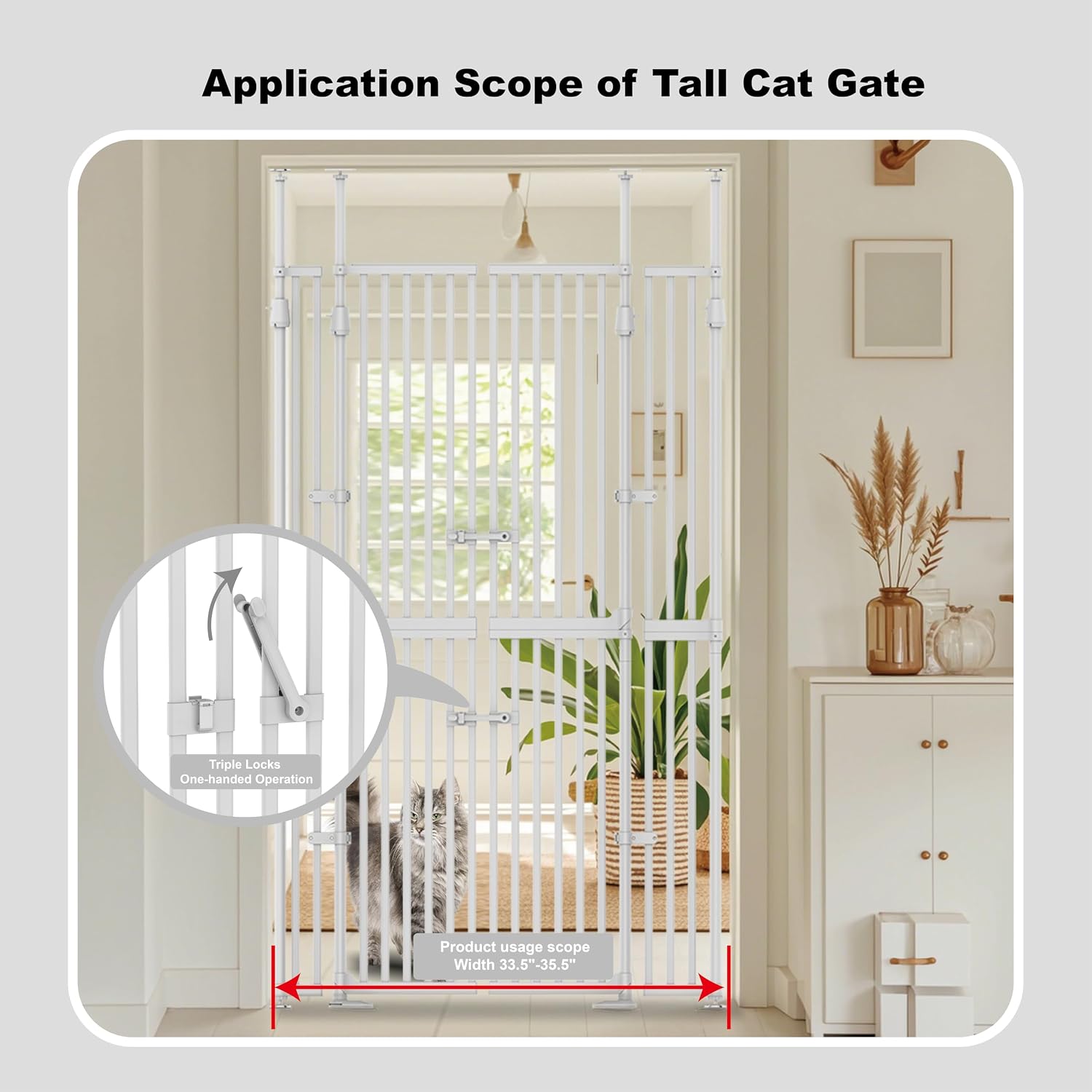 YGP 74.8-90.5' Extra Tall Cat Gate,30.3–47.2' Wide Pressure Mounted Cat Gate for Doorway, 1.3' Narrow Bar Cat Dog Proof Pet Gate,Auto Close No Drilling for Indoor Stairs Window Wall.White