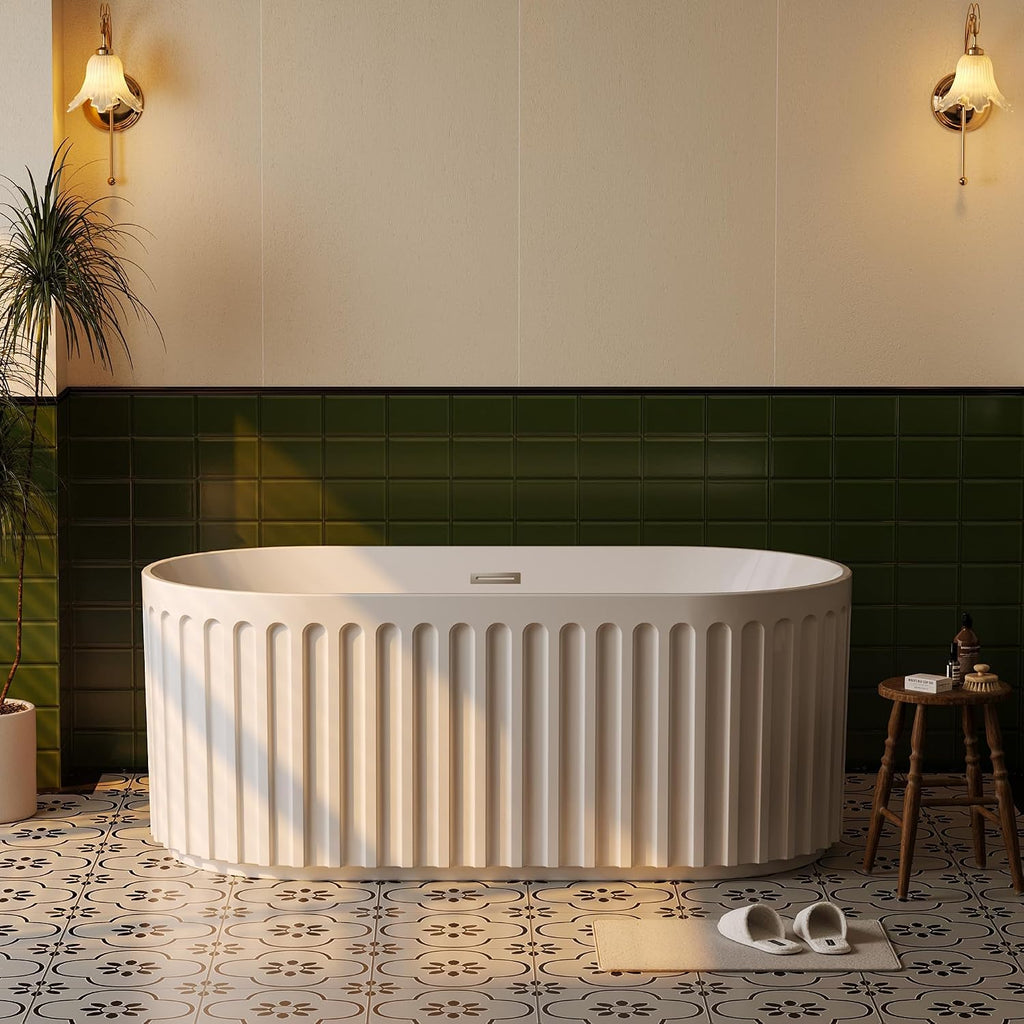 59 Inch Freestanding Soaking Bathtub, Contemporary Acrylic Pleated Tub, White Stand Alone Bath with Chrome Overflow and Drain, Easy Install for Modern Bathroom Renovation