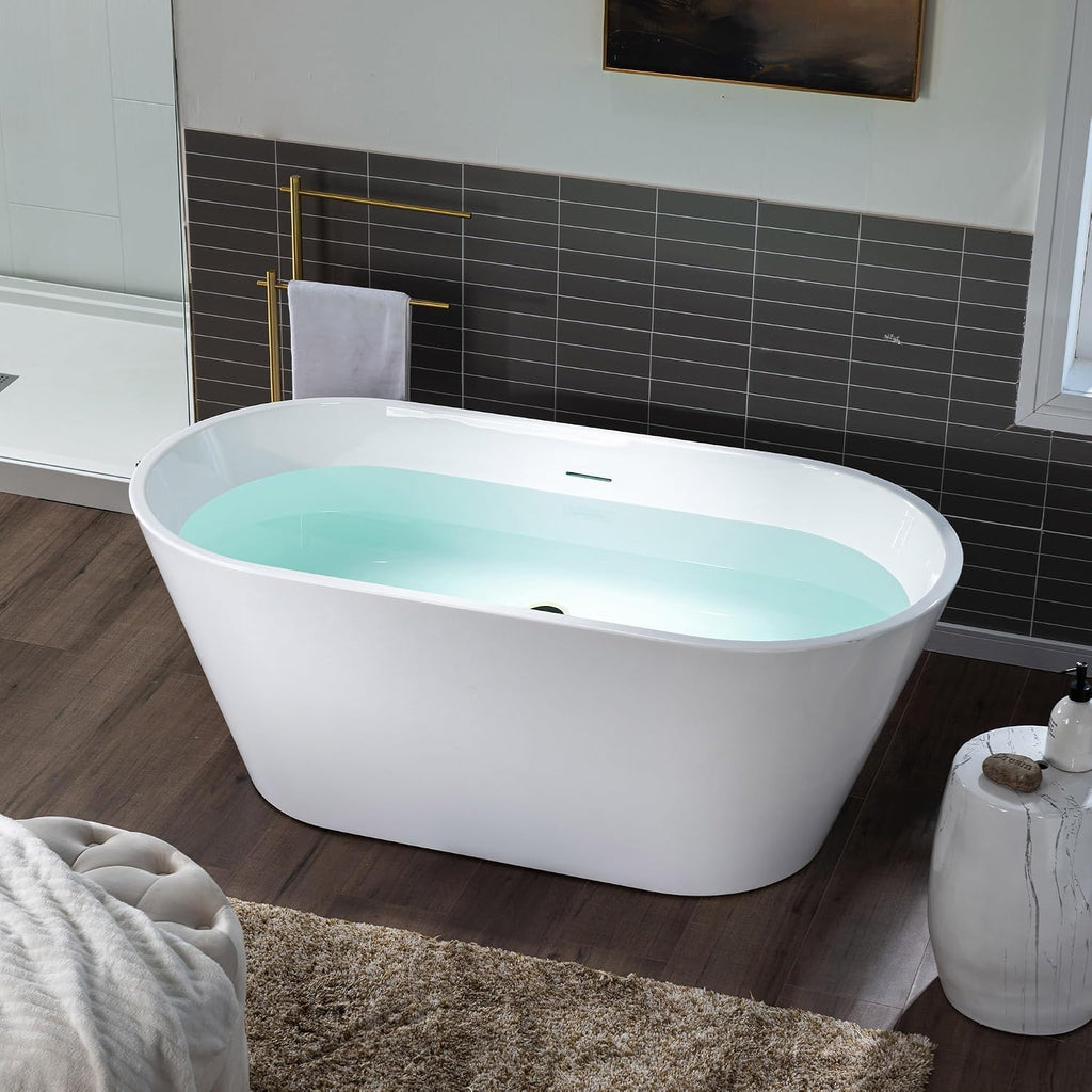 WOODBRIDGE 59 X 29.5 X 22.8' freestanding soaking bathtub with matte black drain included, White WE009