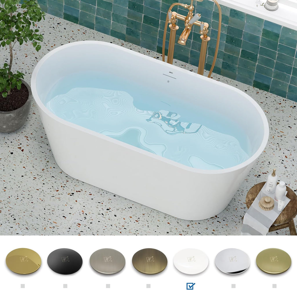 FerdY 59' Shangri-La Elite, Acrylic Freestanding Bathtub, Modern & Contemporary Design Soaking Tub with Polished White Pop-Up Drain and Minimalist Design Overflow, Glossy White, cUPC Certified