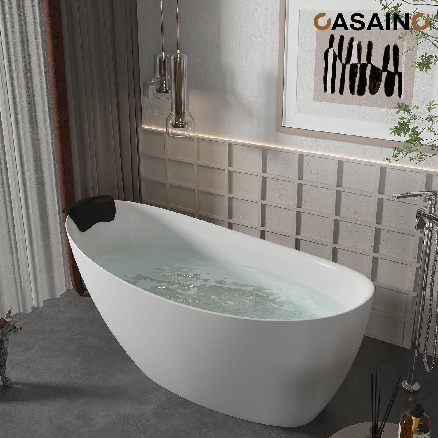 CASAINC 59'' Resin Stone Freestanding Bathtub with Pillow, Matte White Free Standing Bathtub Contemporary Soaking Stand Alone Tub, Overflow & Pop-up Drain, Drain Hose & Sanding Paper