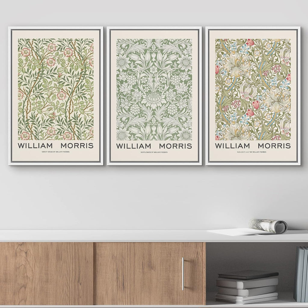 wall26 Framed Canvas Print Wall Art Set William Morris Flower Pattern Tapestries Nature Floral Illustrations Fine Art Decorative Botanical Rustic for Living Room, Bedroom, Office - 16'x24'x3 White