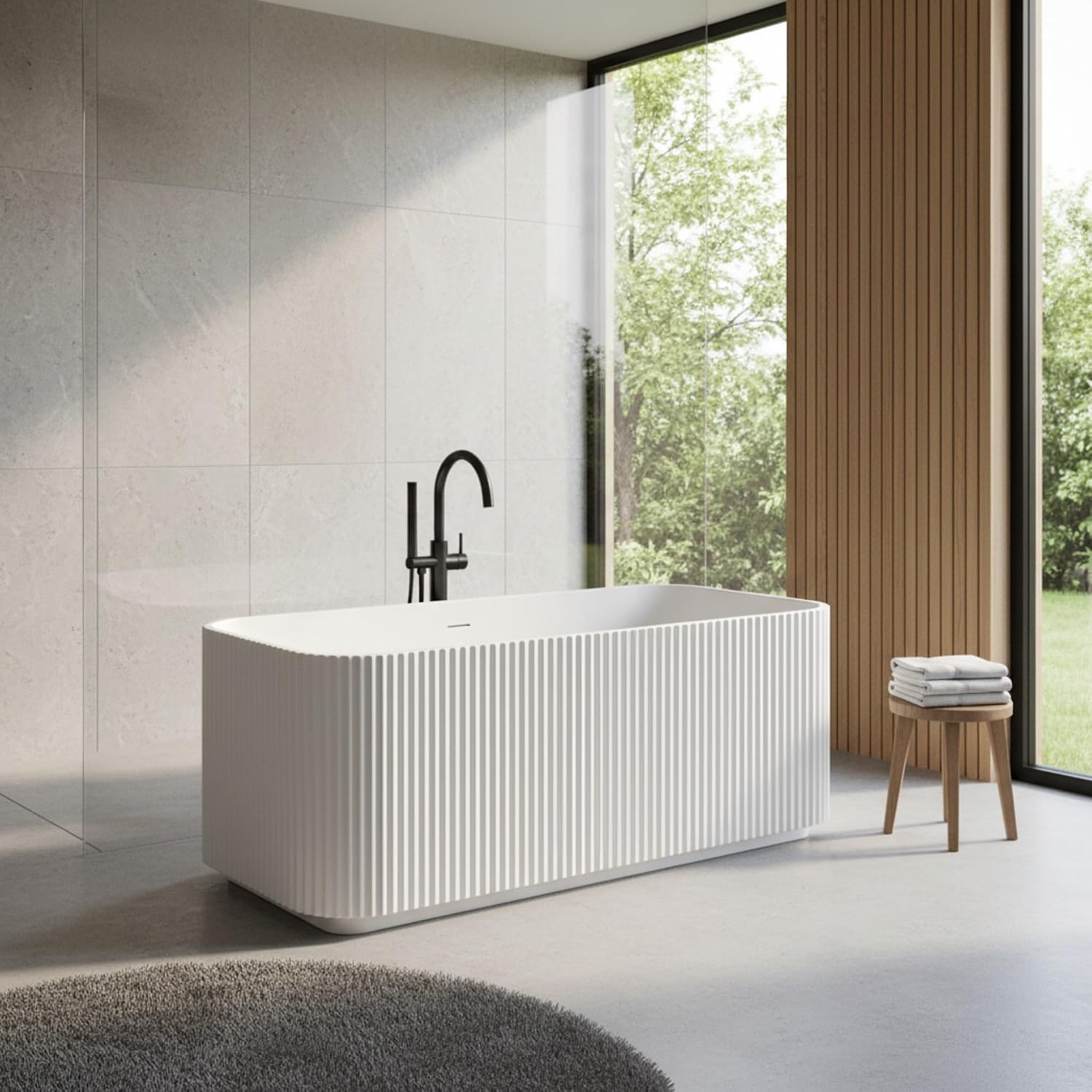 59' Freestanding Bathtub, Rectangle Linear Acrylic Soaking Tub with Chrome Pop-Up Drain, Glossy White Stand Alone Soaker Tub, Double Wall Insulated, Modern Luxury Bathroom Tub
