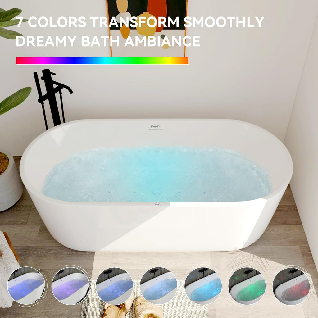 FerdY Shangri-La 67 Inch Freestanding Whirlpool Bathtub, Oval with 8 Water SPA Jets Morden White Stand Alone Jetted Tub&FerdY Back Scrubber for Shower,Long Handled Loofah on a Stick, Body Brush