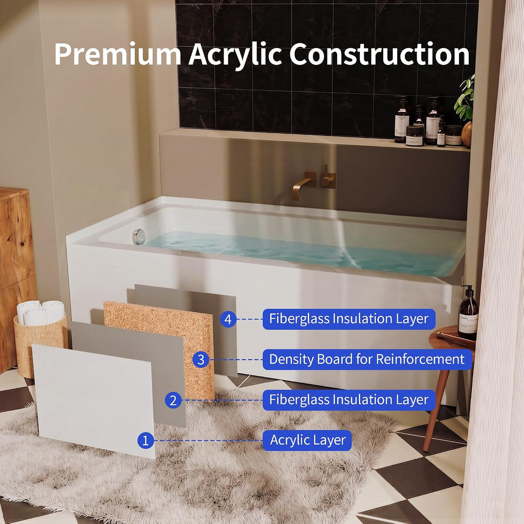 DeerValley 60'x30' Alcove Bath Tub, Acrylic Bathtub with Right Drain Integrated Apron Soaking Bath Tub, Ergonomic Deep Soak Tub with Pop-Up Drain and Integrated Overflow System, White, DV-1T0195R