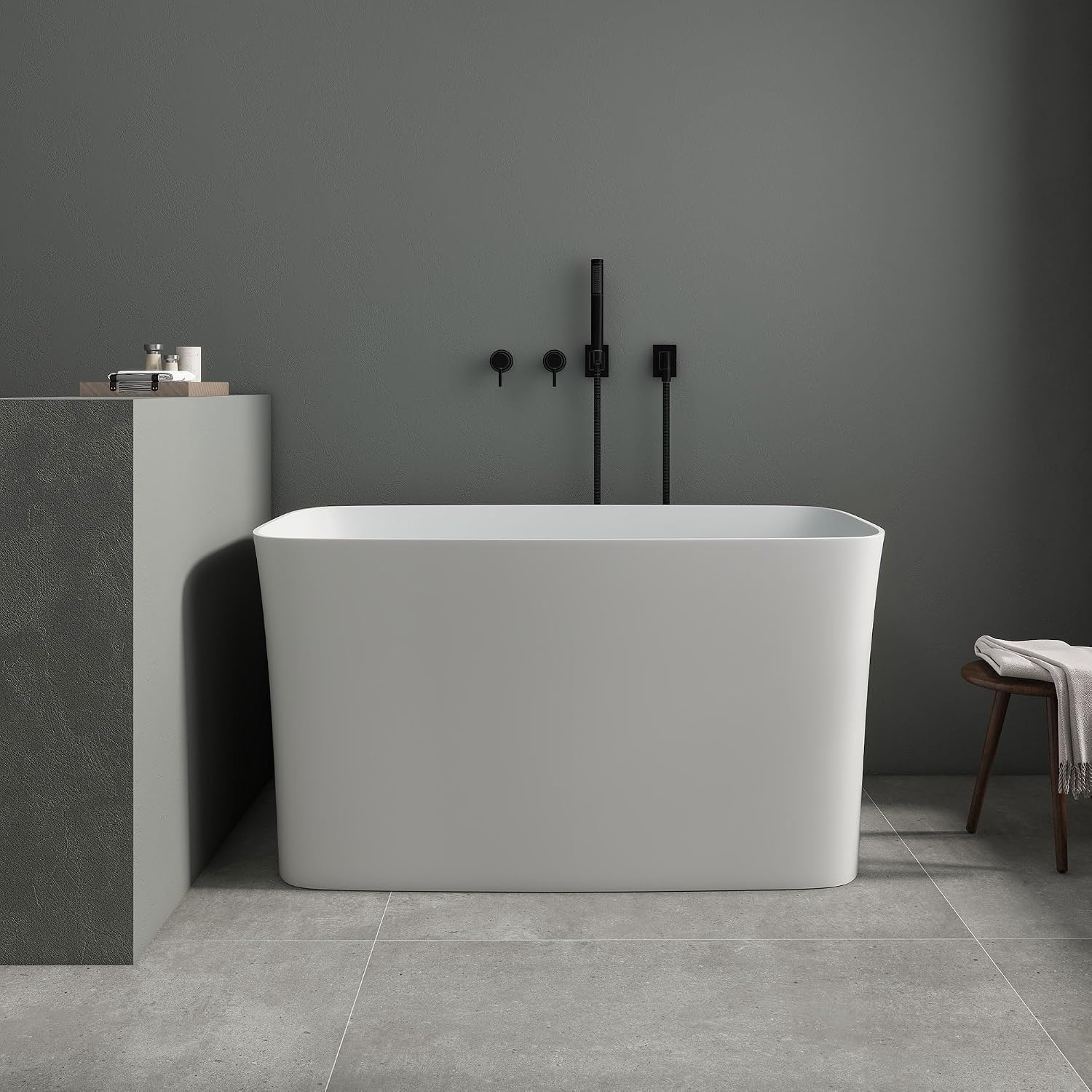 SJ Star&Jane 47' Solid Surface Freestanding Bathtub Japanese Soaking Tub Stone Resin Stand Alone Bathtub Sit-In Design with Overflow and Drain