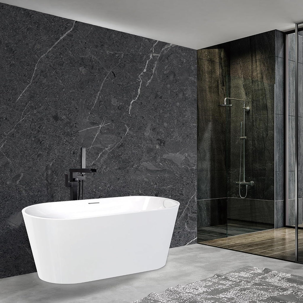 Transolid Maris 59 in. Freestanding Soaking Bathtub & Faucet Kit | 31 in. Wide Acrylic Tub + Matte Black Floor-Mount Tub Filler with Handshower | Center Drain | Gloss White | KF-AFTM5931-G31MB