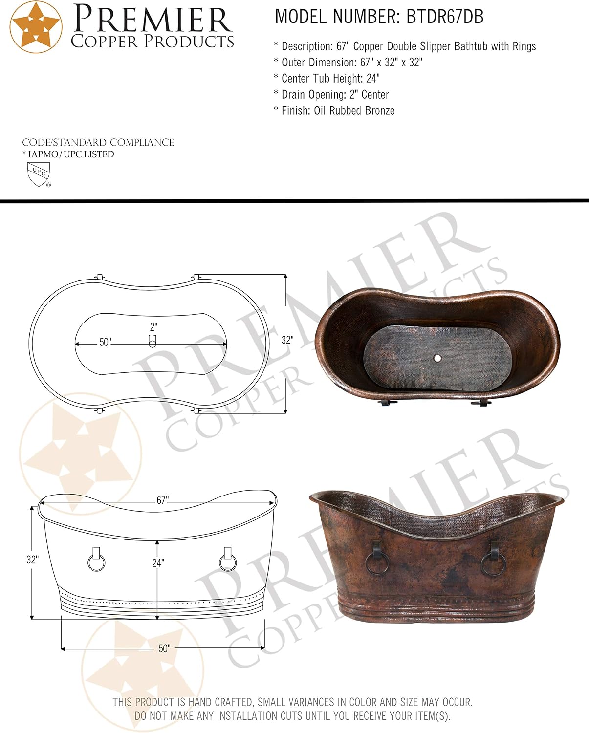 Premier Copper Products BTDR67DB 67-Inch Hammered Copper Double Slipper Bathtub with Rings, Oil Rubbed Bronze