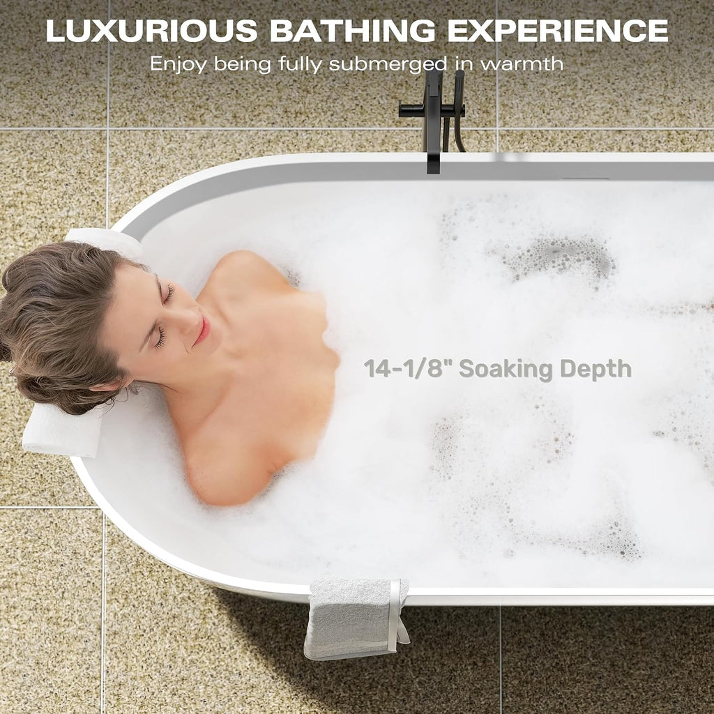 59' Freestanding Solid Bathtub, Luxury Engineered Stone Resin Freestanding Soaking Bathtub with Overflow and Pop up Drain for Bathroom, Matte White 24S03 59MW