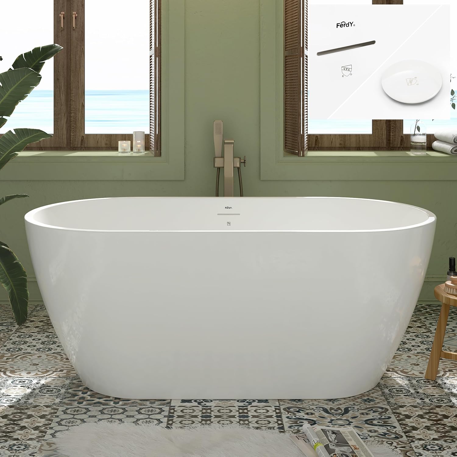 FerdY 59' Bali Elite Acrylic Freestanding Bathtub, Gracefully Shaped Freestanding Soaking Bathtub, cUPC Certified, Toe-Tap White Drain and Minimalist Linear Design Overflow Included