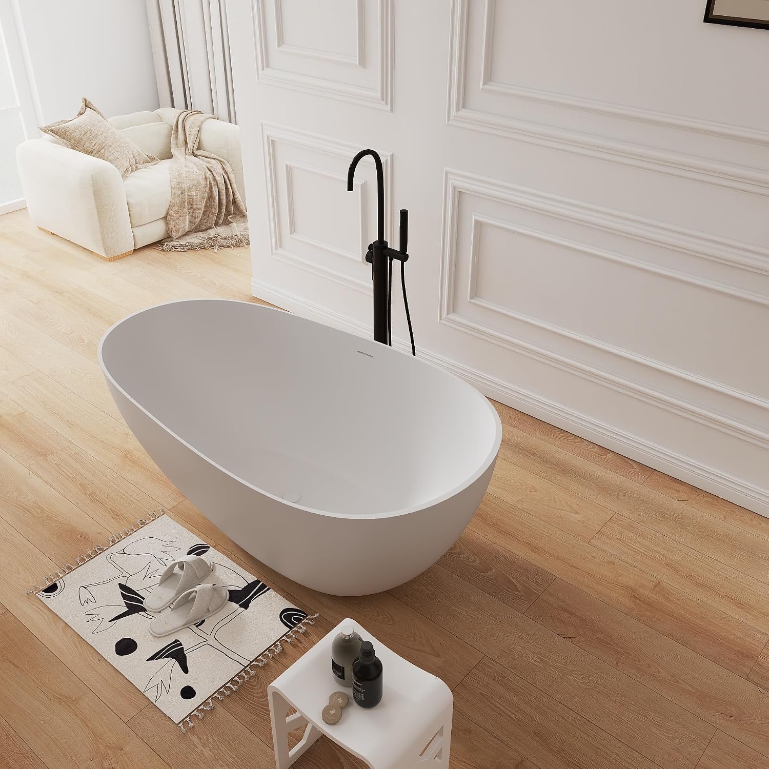 59' Solid Surface Freestanding Soaking Bathtub,Modern Oval Stone Resin Tubs with Overflow and Pop-up Drain, Matte White