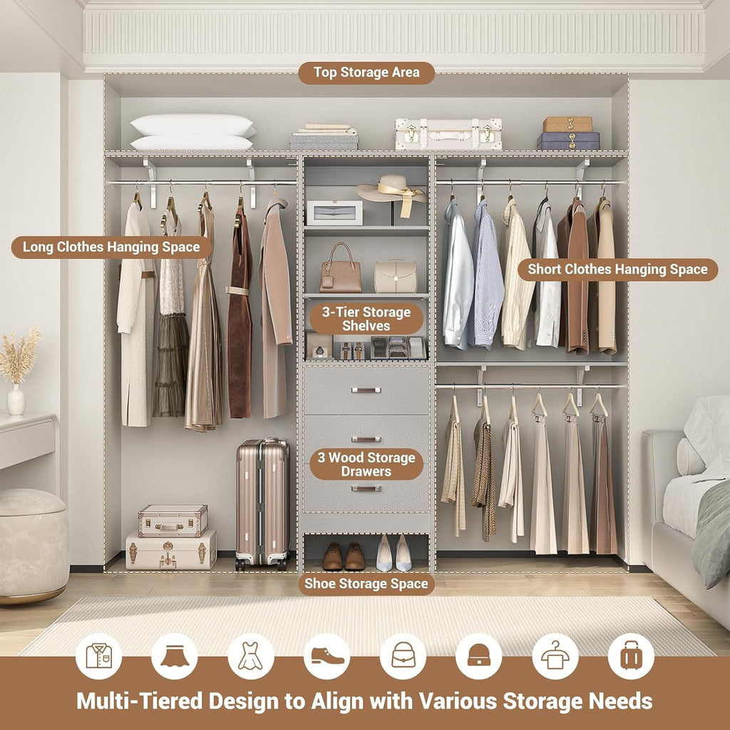 Closet System with 3 Drawers - 8FT Wood Closet Organizer with 3 Shelving Tower & Hanging Rods, 96' Walk-in Wardrobe Closet Organizer System for 4-8FT Spaces, Heavy Duty Garment Clothes Rack, Grey
