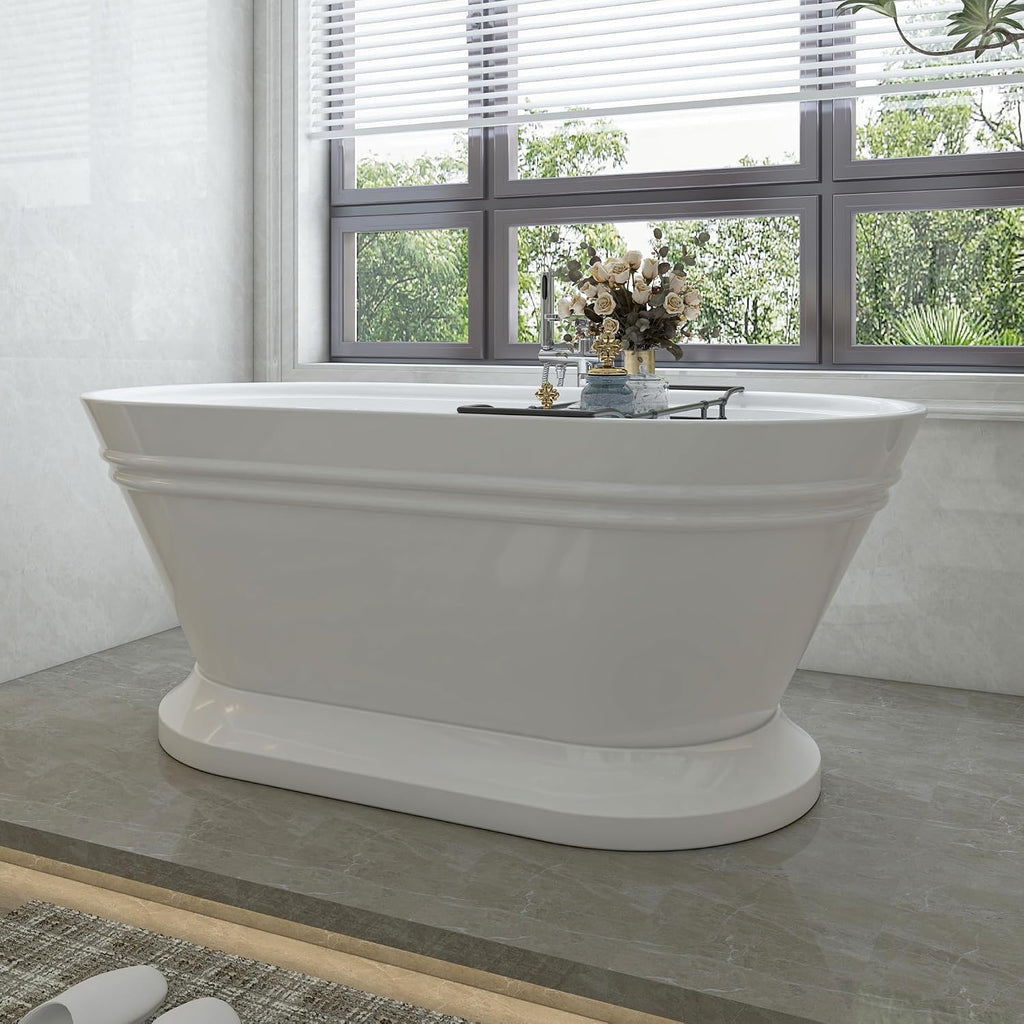 HomeBeyond 59 Inch Free Standing Bathtub | Acrylic Freestanding Soaking Tub, Classic Bathroom Stand Alone Tub Suitable Single Person Bathing, Polished Chrome Overflow