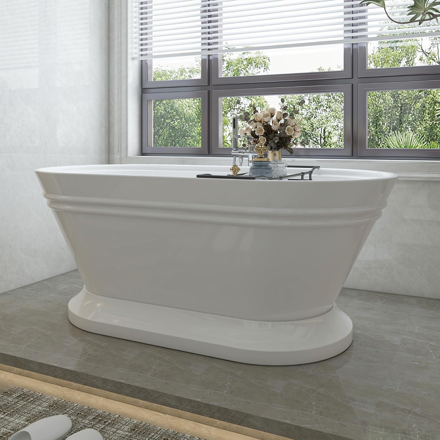 HomeBeyond 59 Inch Free Standing Bathtub | Acrylic Freestanding Soaking Tub, Classic Bathroom Stand Alone Tub Suitable Single Person Bathing, Polished Chrome Overflow