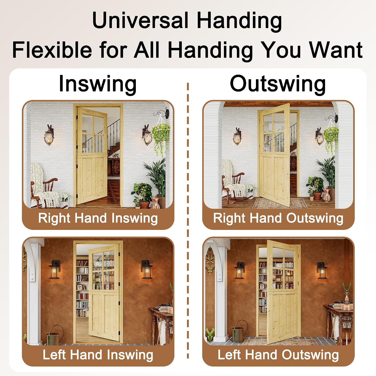Exterior Dutch Door Slab, 30' x 80', Universal 4 Lite Tempered Clear Glass Split Single Doors, Solid Core Home Door, Natural Pine Wood - with 4 Black Hinges & 1 Latch, Without Jamb