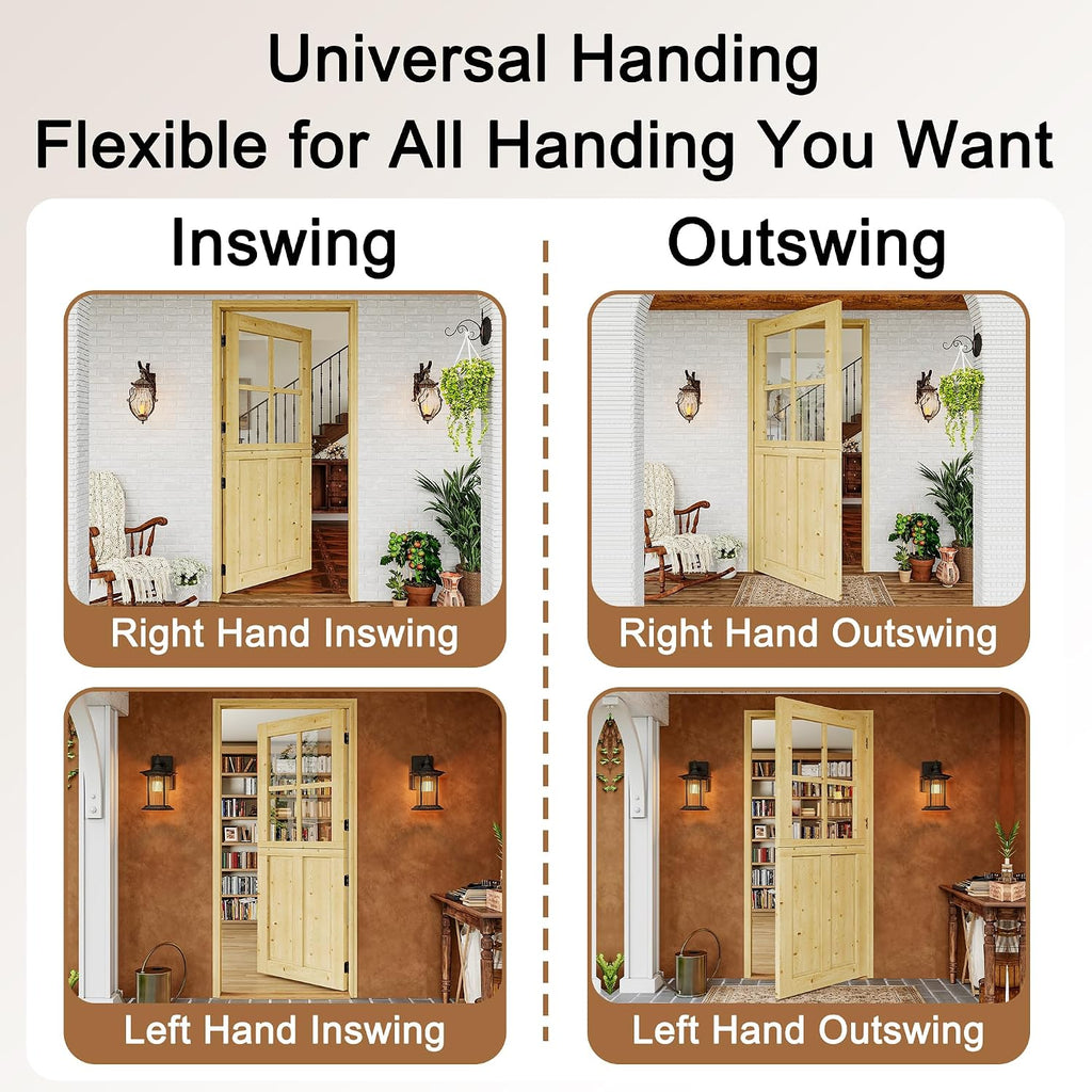 Exterior Dutch Door Slab, 36' x 80', Universal Tempered Clear Glass Split Single Doors, Solid Core Home Door, Natural Pine Wood - with 4 Black Hinges & 1 Latch, Without Jamb