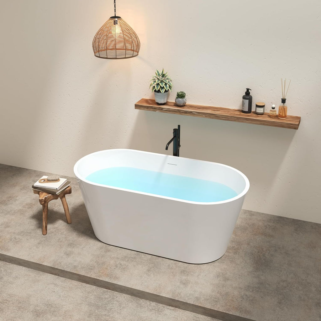 59' Acrylic Freestanding Bathtub, Modern & Contemporary Design Soaking Tub with Brushed Nickel Toe-tap Drain in Chrome and Integrated Slotted Overflow, Glossy White, cUPC Certified, 02136-BN