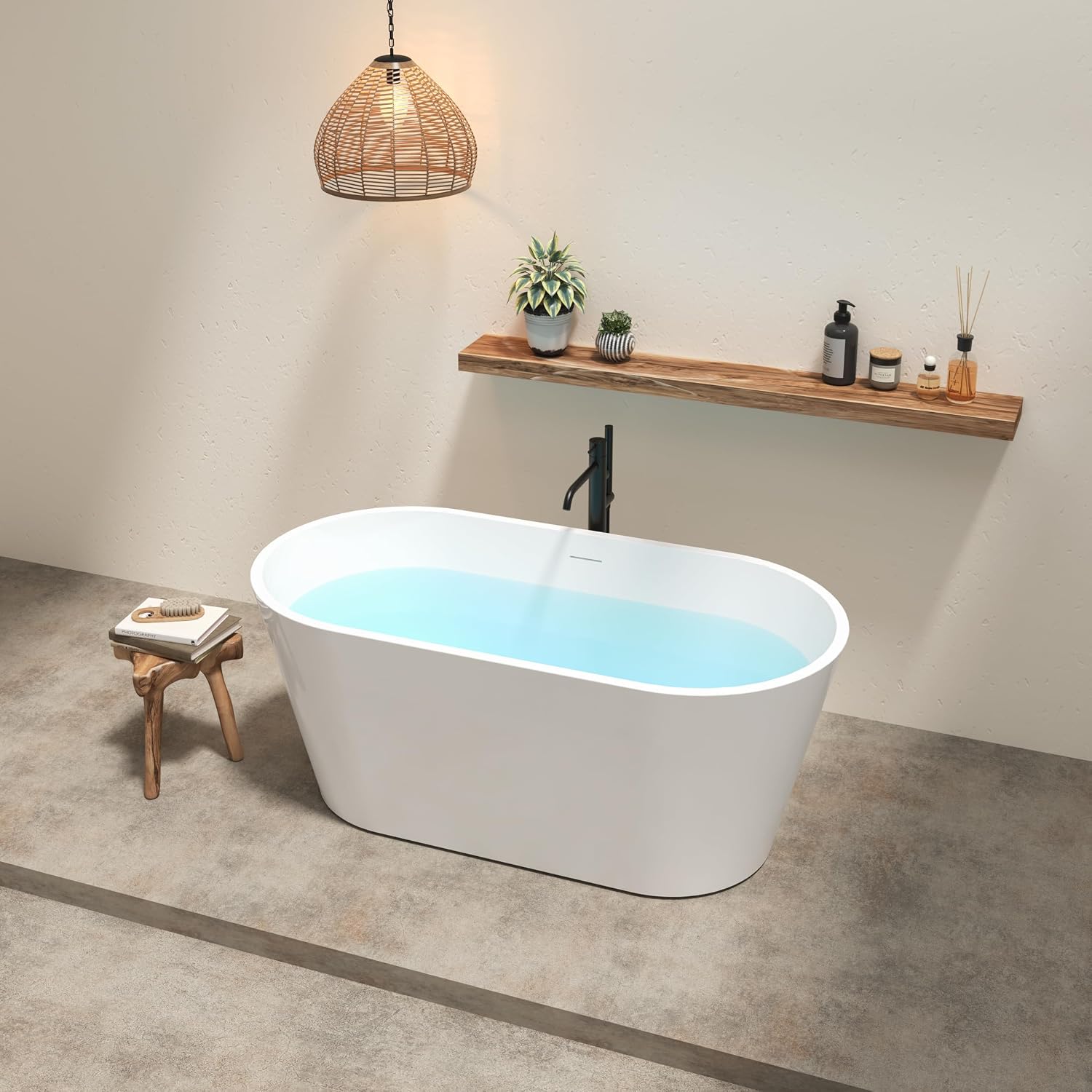 59' Acrylic Freestanding Bathtub, Modern & Contemporary Design Soaking Tub with Brushed Nickel Toe-tap Drain in Chrome and Integrated Slotted Overflow, Glossy White, cUPC Certified, 02136-BN