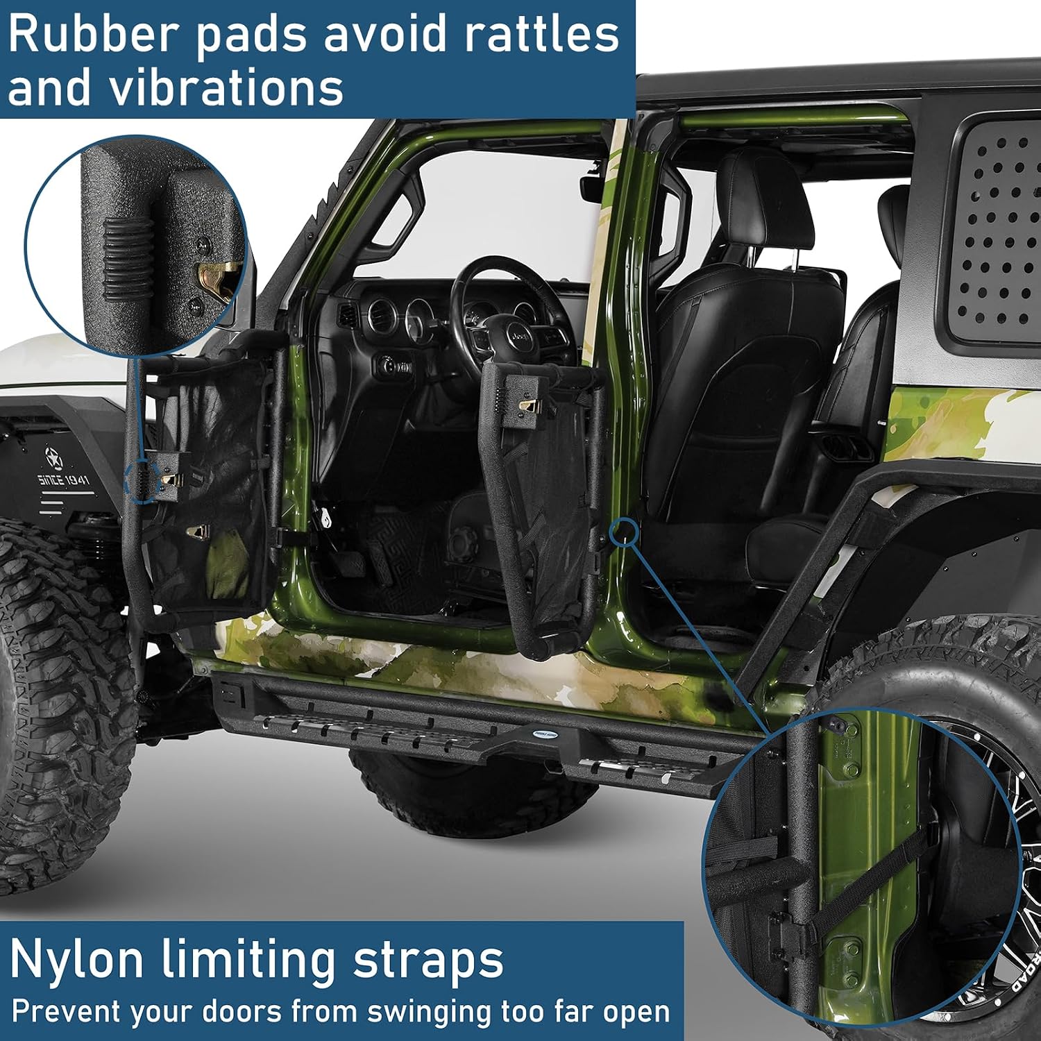 Hooke Road Tube Half Doors for 2018-2026 Jeep Wrangler JL 4-Door & Gladiator JT, with Privacy Mesh, Summer Open-Air Trail Doors, Reduced Dust & Added Cabin Privacy - 4PCS