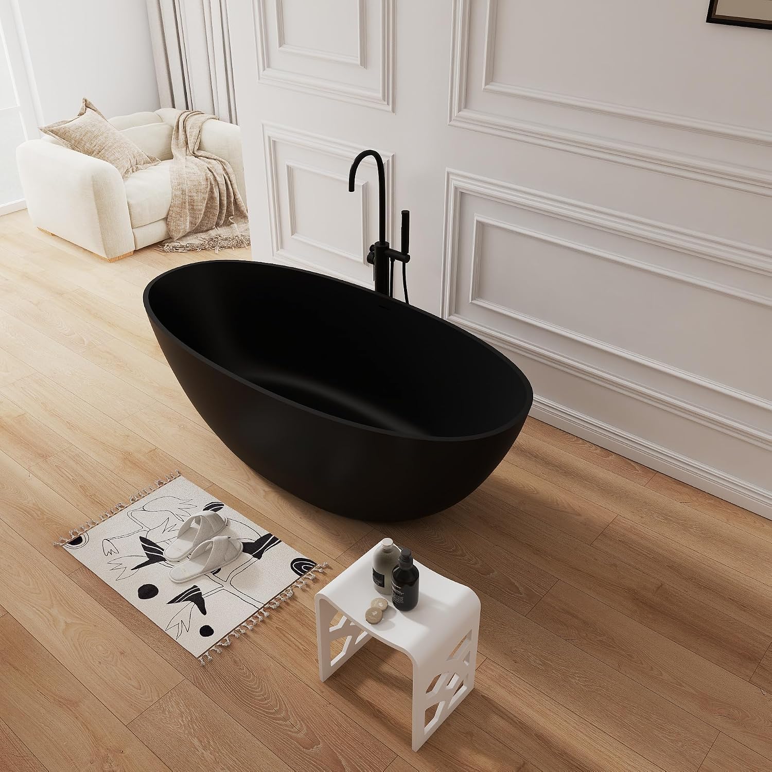 65' Upgraded Solid Surface Freestanding Tubs,Luxury Oval Stone Resin Soaking Bathtub with Pop-up Drain and Overflow, Matte Black