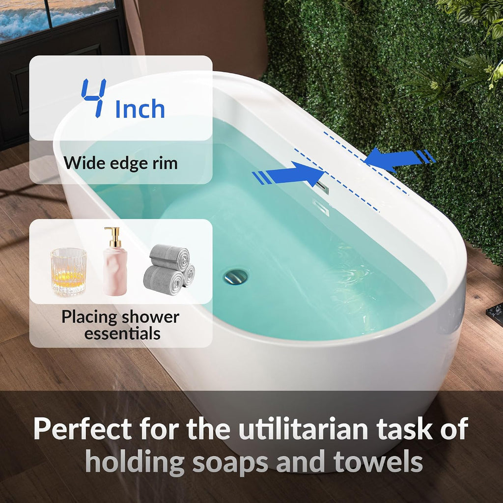 WOODBRIDGE 67' Acrylic Freestanding Bathtub Contemporary Soaking White Tub with Brushed Nickel Overflow and Drain,B0063-B/N