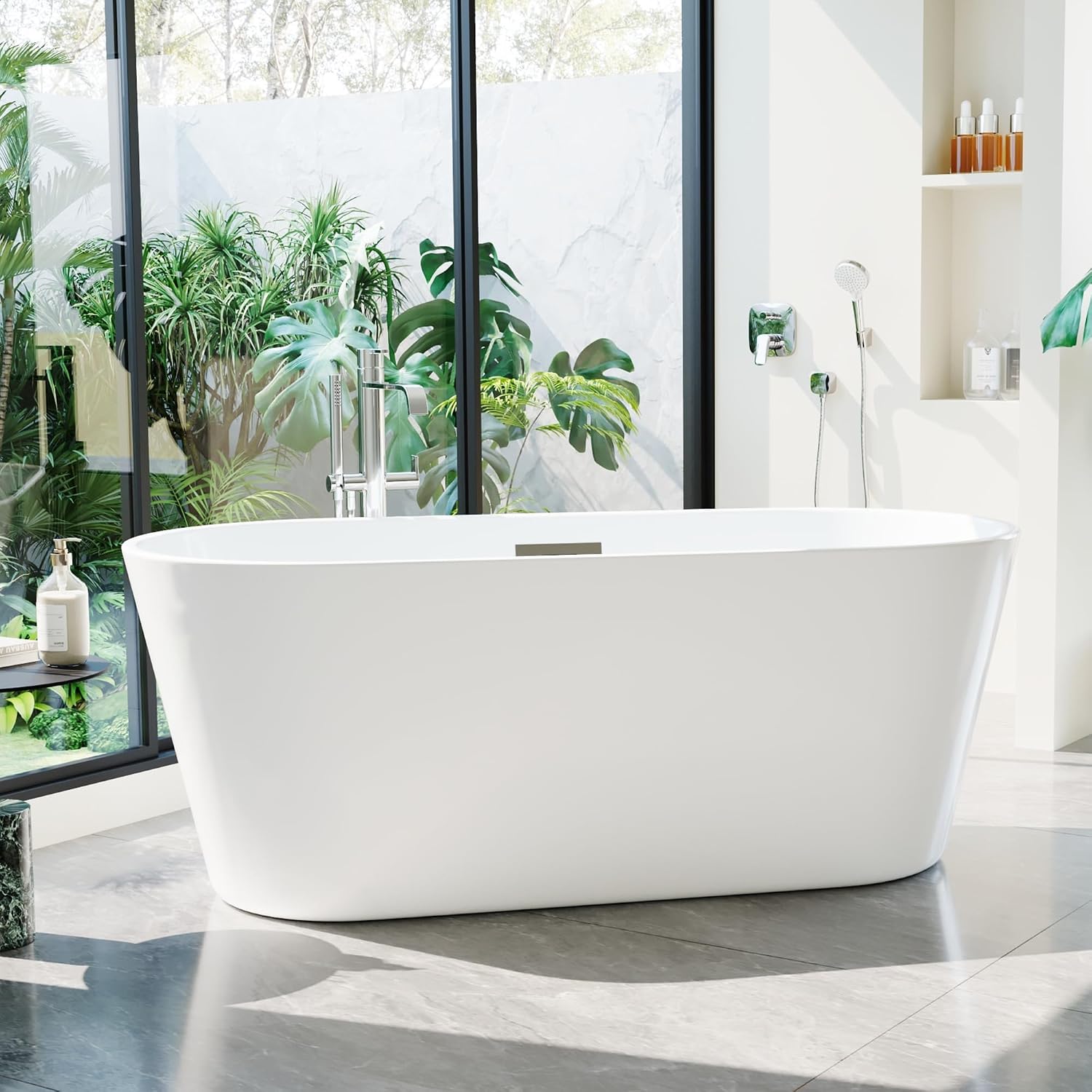 59' Acrylic Freestanding Bathtub, Stand Alone Soaking Tub In Black with Matte Silver Drain/Overflow Kit, Deep Soaker Bath for Bathroom Renovation, Quick Install, Luxurious Modern Design