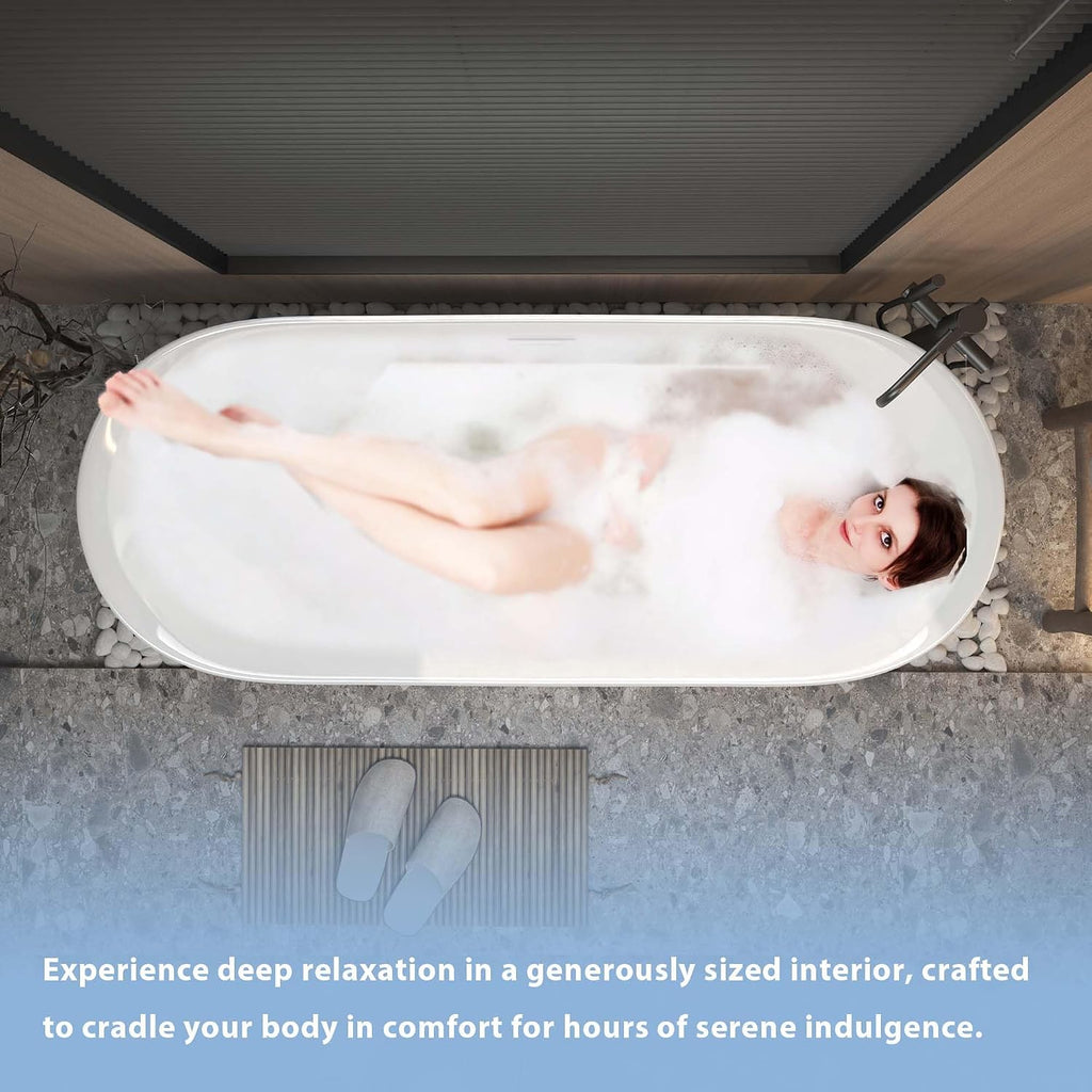 67' Oval Freestanding Soaking Bathtub with Toe-Tap Chrome Drain & Adjustable Leveling Feet, Stand Alone Tub, Acrylic Soaking Tub, Ergonomic (67')