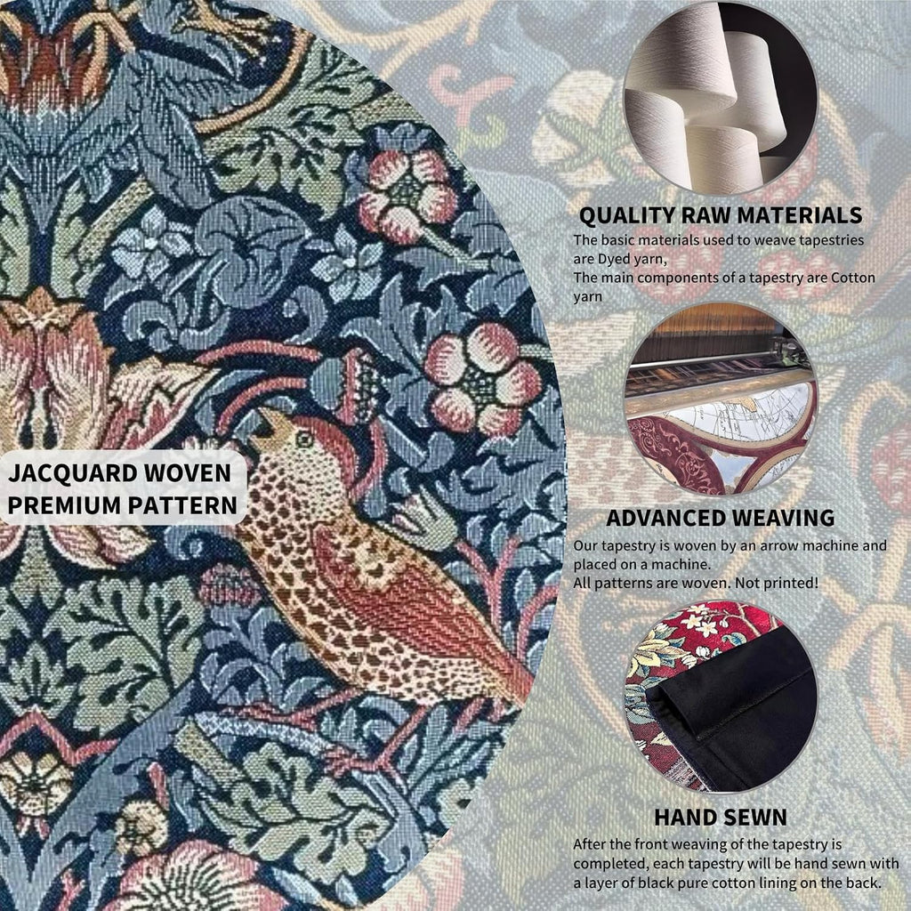 ORIMONY William Morris Strawberry Thief Tapestry - Vintage Floral Bird Art, Medieval Jacquard Woven Tapestry Wall Hanging for Living Room & Bedroom Size 27'x35' (Blue)