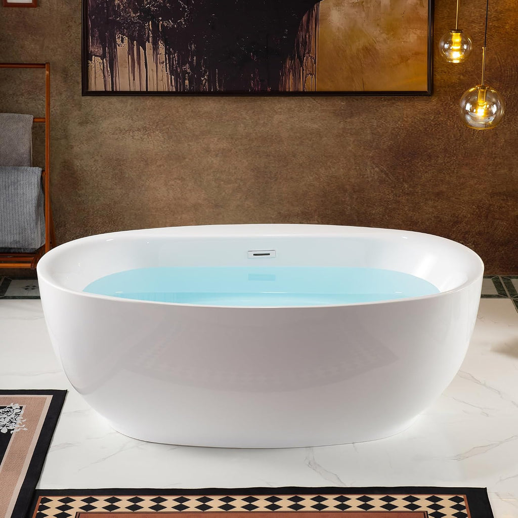 WOODBRIDGE 66' Acrylic Freestanding Bathtub Contemporary Soaking White Tub with Chrome Overflow and Drain，B0027-C