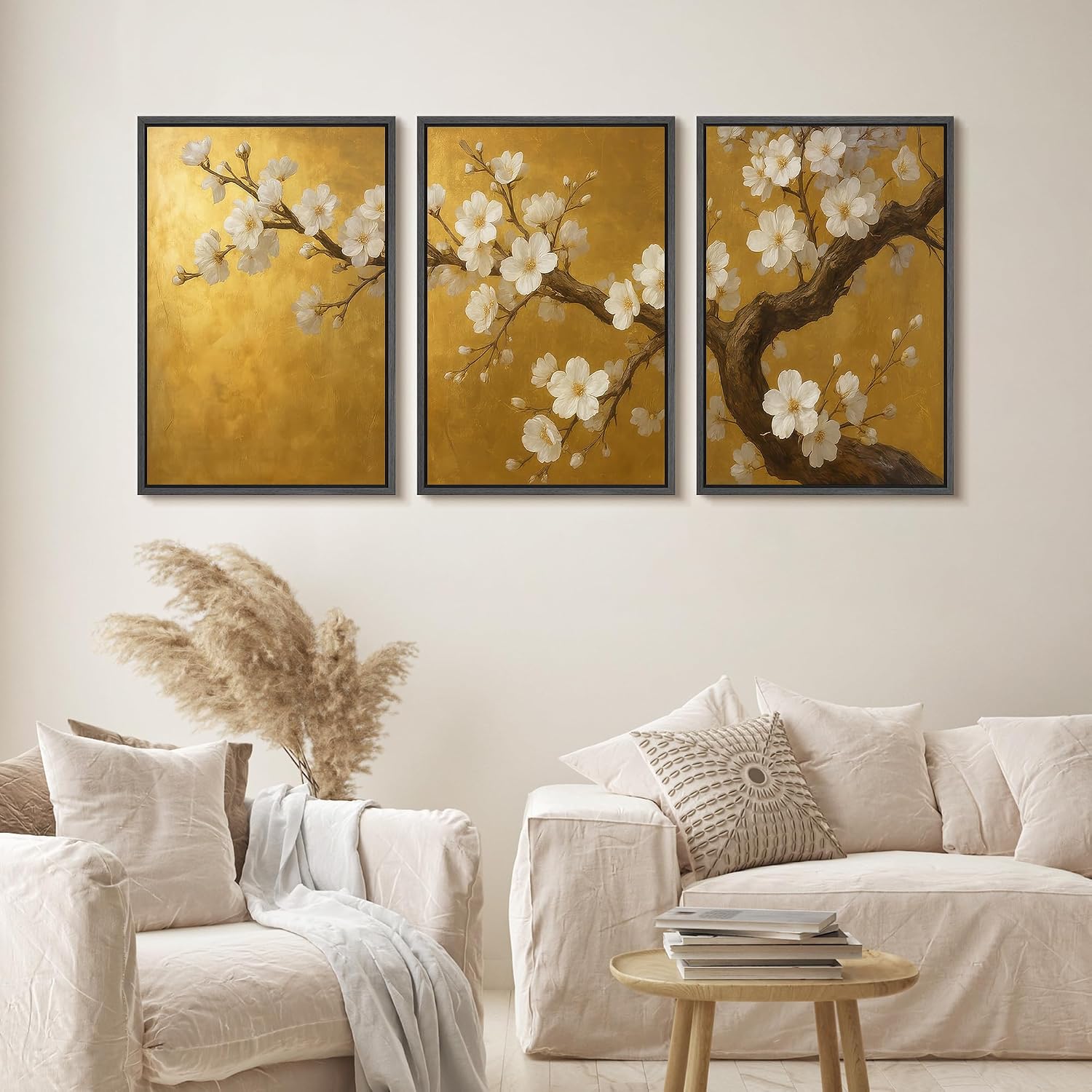 wall26 Framed Canvas Print Wall Art Set Golden Cherry Blossom Tree Elegant Floral Illustrations Fine Art Decorative Rustic for Living Room, Bedroom, Office - 16'x24'x3 Black