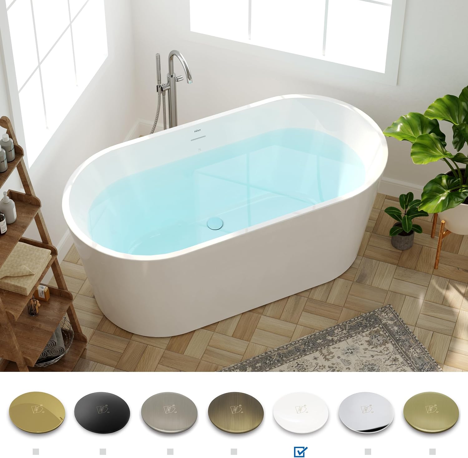 FerdY Shangri-La 59' Acrylic Freestanding Bathtub, Gracefully Shaped Soaking Bathtub, Glossy White, cUPC Certified, Polishe White Drain & Minimalist Linear Design Overflow Included, 02522