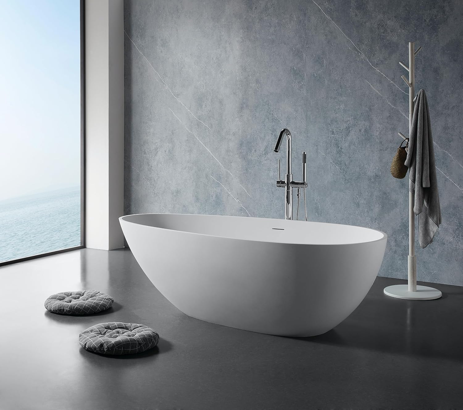 67' Freestanding Solid Bathtub, Luxury Engineered Stone Resin Freestanding Soaking Bathtub with Overflow and Pop up Drain for Bathroom, Matte White 24S02 67MW