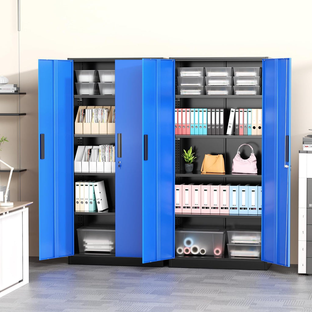Greenvelly Metal Garage Storage Cabinet, 72' Tall Steel Storage Cabinets with 2 Doors and 4 Adjustable Shelves, Metal Tool Cabinets, Locking File Cabinet for Home Office, Garage, School (Black Blue)