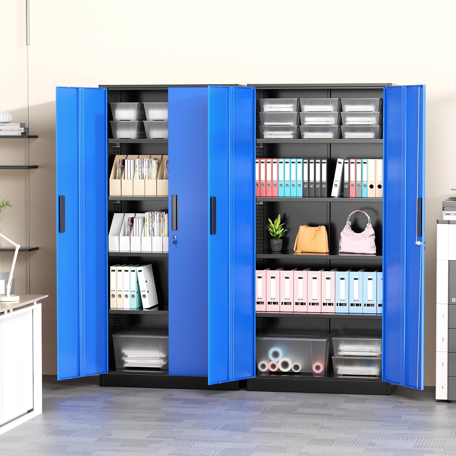 Greenvelly Metal Garage Storage Cabinet, 72' Tall Steel Storage Cabinets with 2 Doors and 4 Adjustable Shelves, Metal Tool Cabinets, Locking File Cabinet for Home Office, Garage, School (Black Blue)