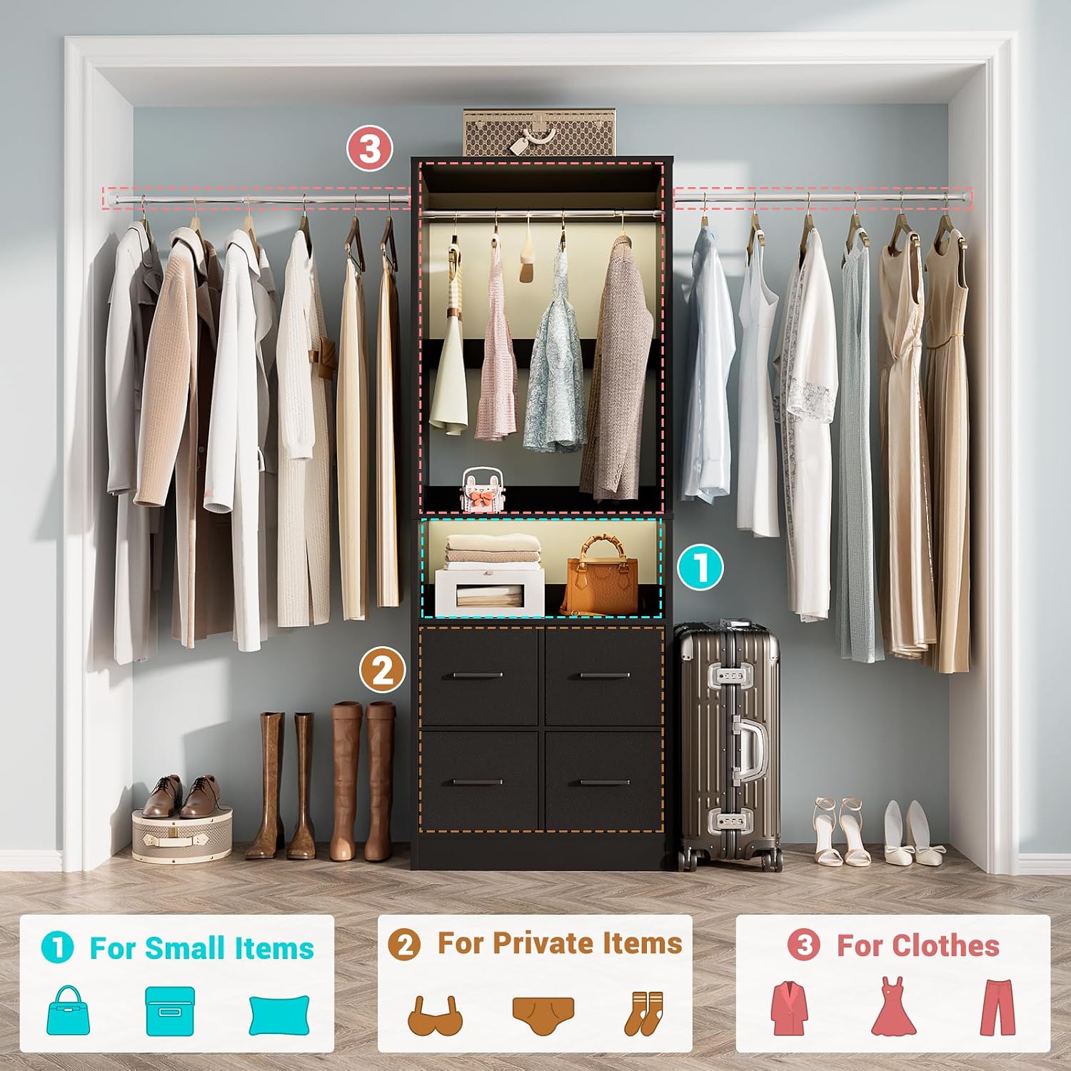 8FT Closet System, 96 Inch Closet Organizer System with 4 Fabric drawers, Heavy Duty Clothing Rack with Hanging Rods, Walk In Mounted Closet System, Built-In Clothes Garment Rack, Black