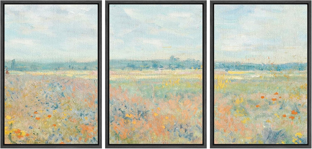 wall26 Framed Canvas Print Wall Art Set Wildflower Field Panorama Impressionist Landscape Illustrations Modern Art Decorative Floral Botanical Minimal for Bedroom - 24'x36'x3 Black