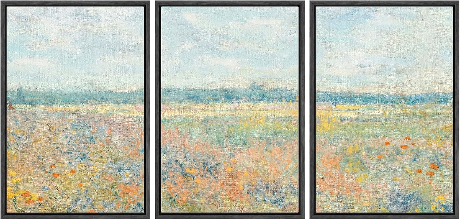 wall26 Framed Canvas Print Wall Art Set Wildflower Field Panorama Impressionist Landscape Illustrations Modern Art Decorative Floral Botanical Minimal for Bedroom - 24'x36'x3 Black