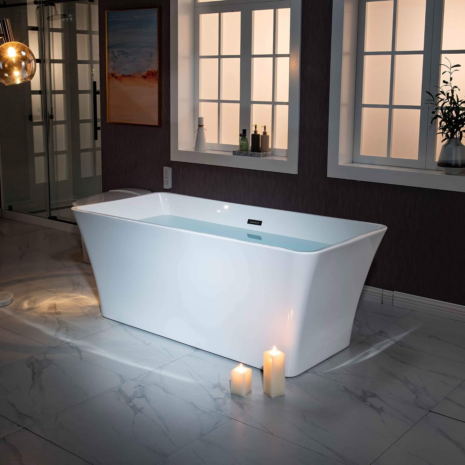 WOODBRIDGE 59'Freestanding White Acylic Soaking Bathtub with White Pillow,Drain and Overflow inMatte Black,BTA1509 -MB-Drain &O+ Pillow