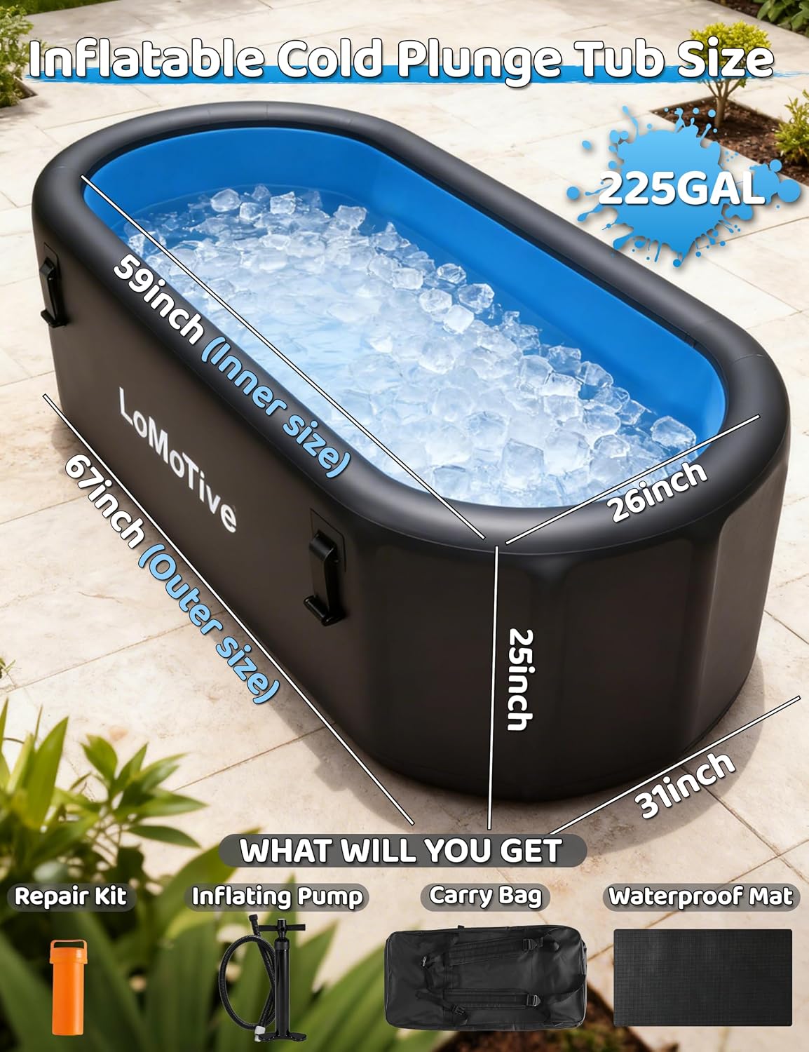 Professional Cold Plunge Tub for Athletes Recovery,67'L x 31'W x 29'H | 4' Thick,225 Gallon Ice Bath Tub with Lid,Compatible with Chillers,Inflatable,Portable, Outdoor & Indoor Use