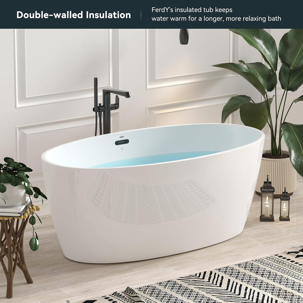 FerdY Tahiti 59' Acrylic Freestanding Bathtub, Elegant Oval Shape Soaking Bathtub, Glossy White, Matte Black Drain & Bath Pillow for Bathtub,Thick Tub Pillows, Breathable 4D Air Mesh