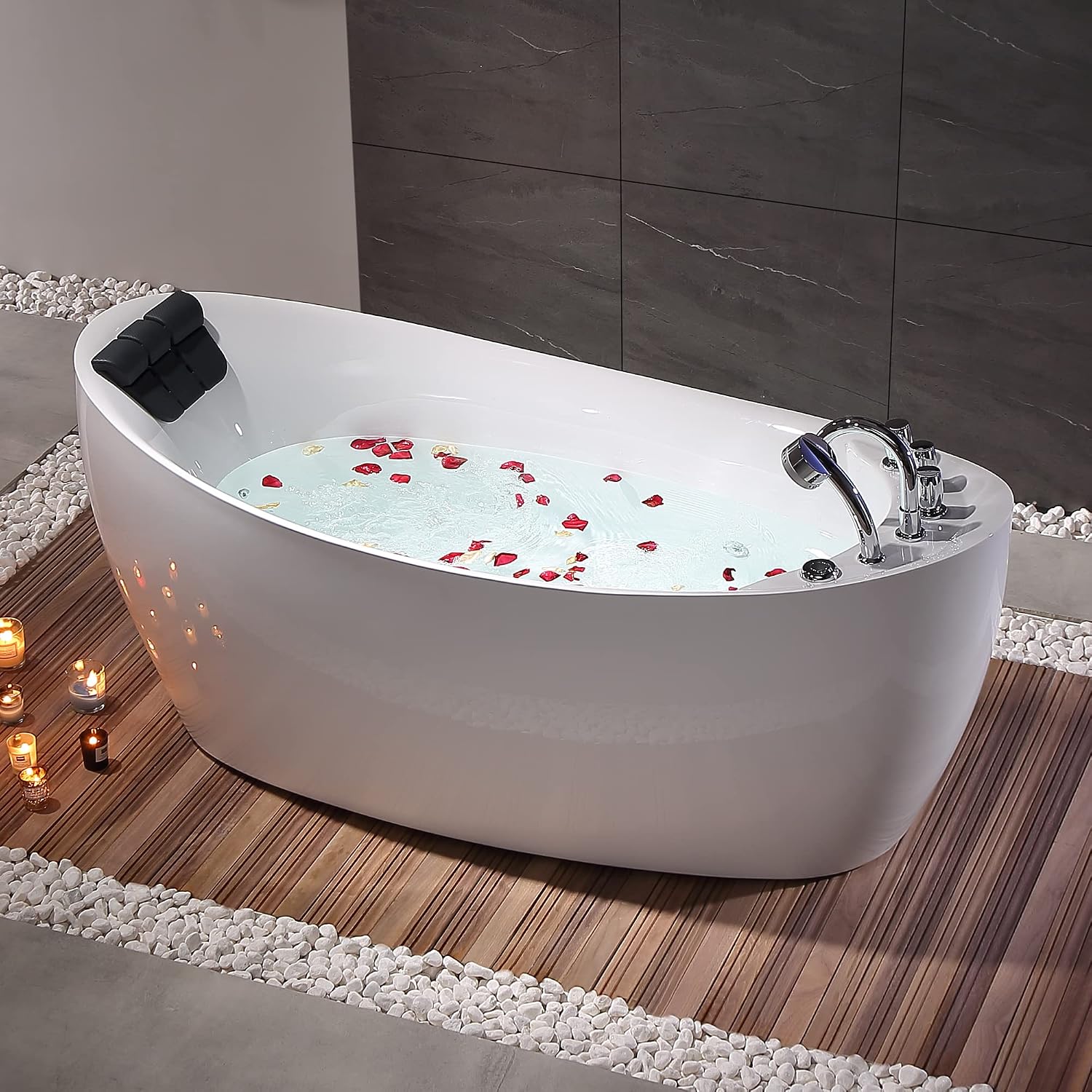 Empava 67 in. Acrylic Freestanding Tub Hydromassage Gracefully Oval Shaped Whirlpool 7 Water Jets Soaking SPA, Single-Ended Massage Bathtub with Pillow , White