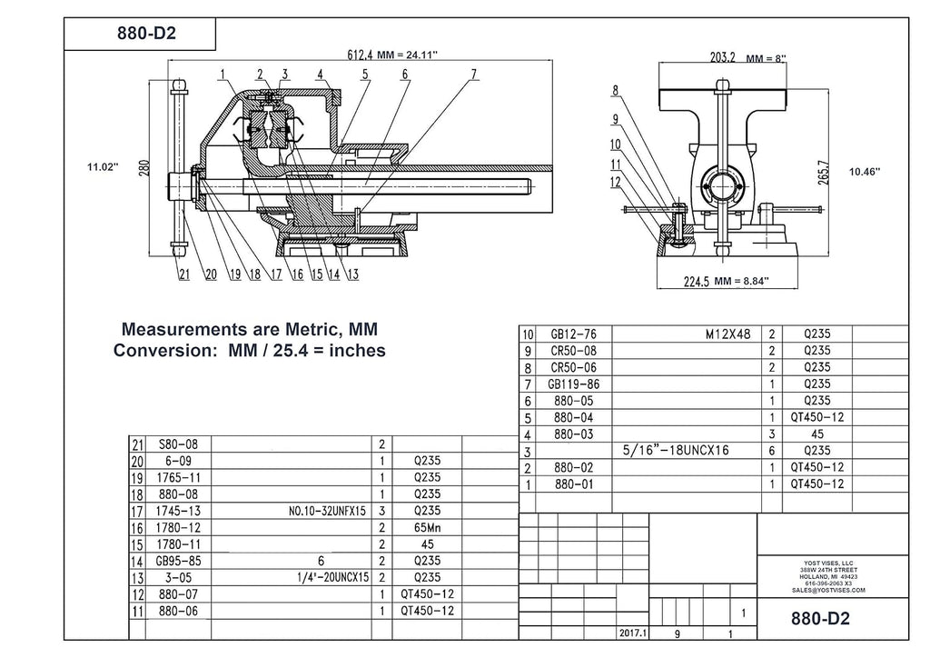 Yost Vises 880-D2 Reversible Combination Vise System | 8 Inch Jaw Width Heavy-Duty Utility Pipe and Bench Vise |Jaw Opens 12.5 Inches when Reversed | Swivel Base | Made with Ductile Iron Castings