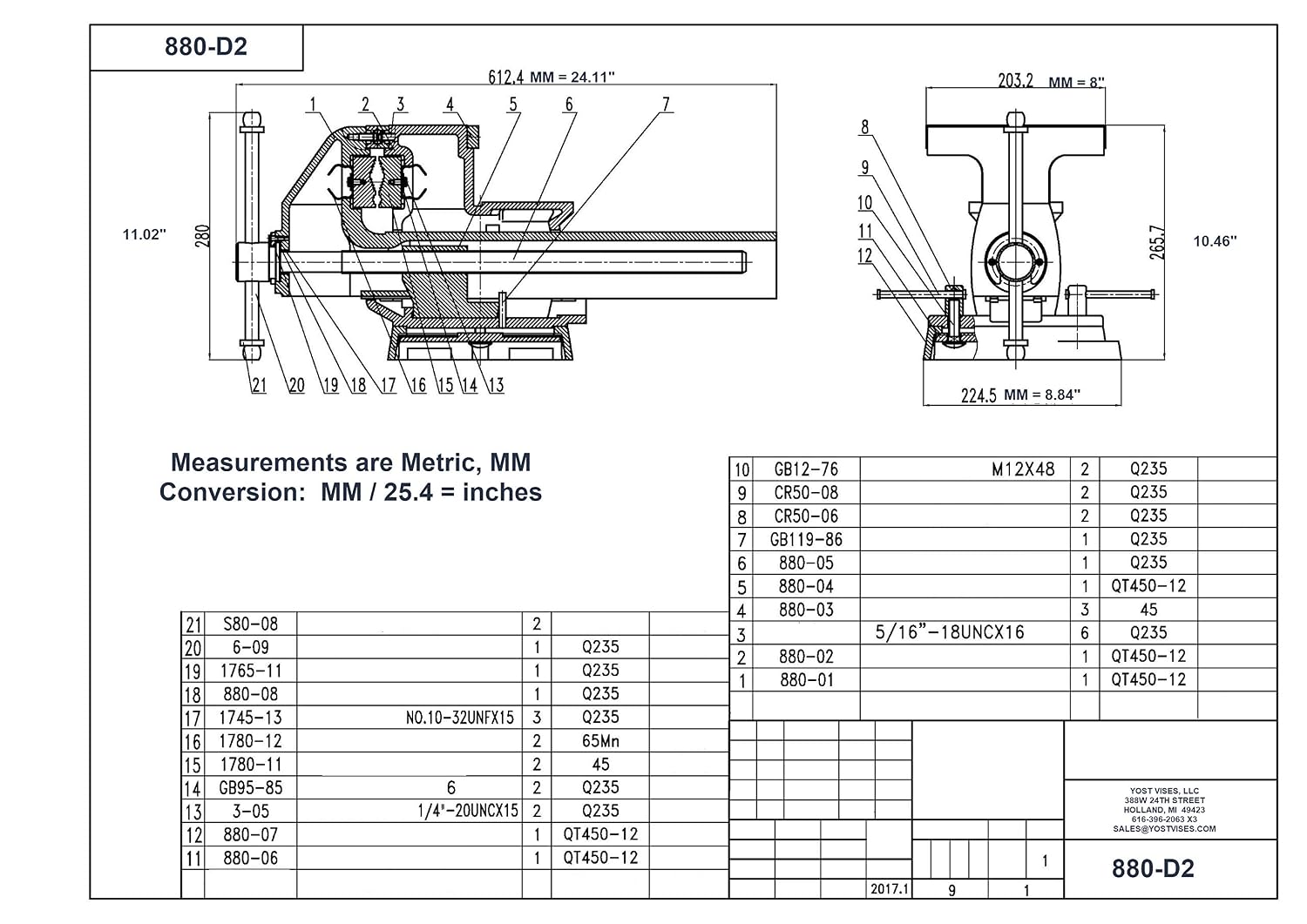 Yost Vises 880-D2 Reversible Combination Vise System | 8 Inch Jaw Width Heavy-Duty Utility Pipe and Bench Vise |Jaw Opens 12.5 Inches when Reversed | Swivel Base | Made with Ductile Iron Castings
