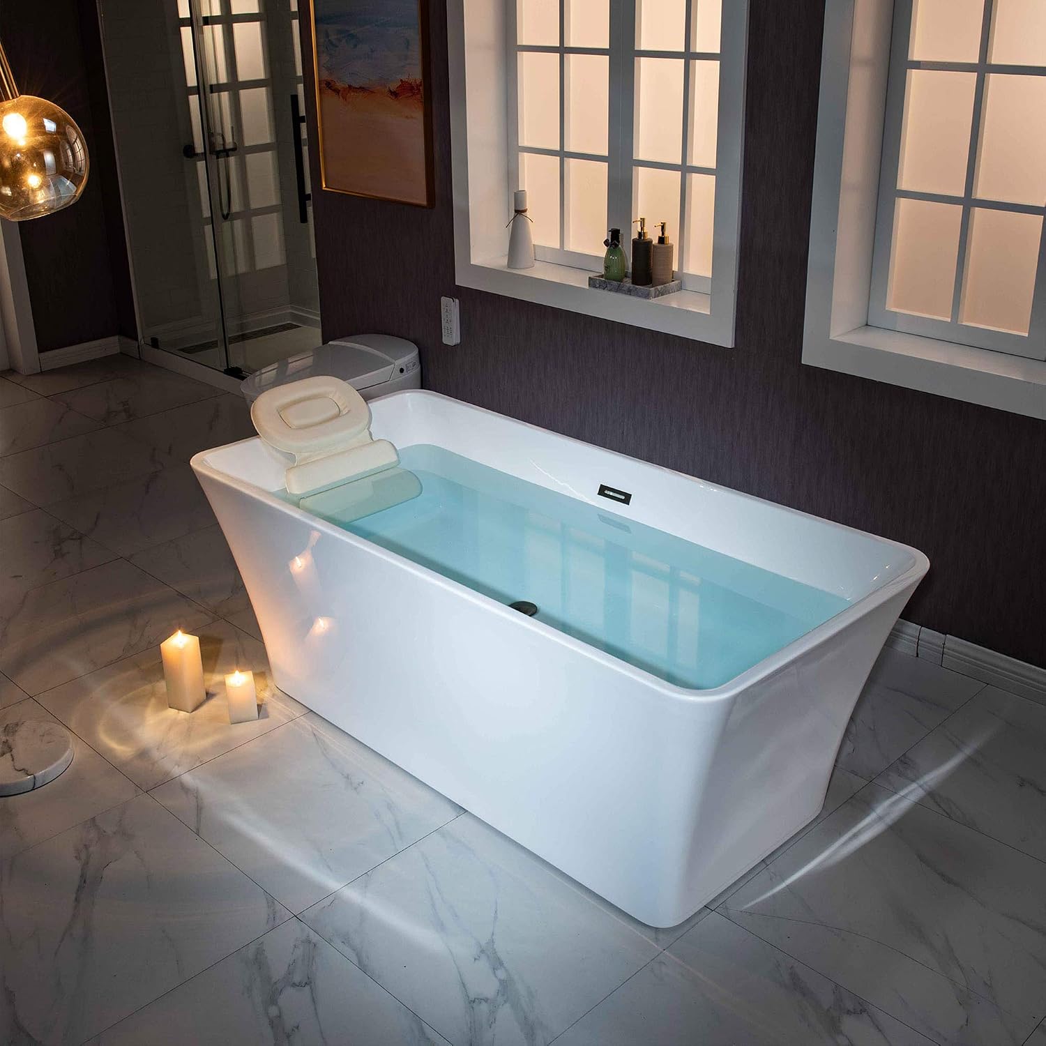 WOODBRIDGE 59'Freestanding White Acylic Soaking Bathtub with White Pillow,Drain and Overflow inMatte Black,BTA1509 -MB-Drain &O+ Pillow