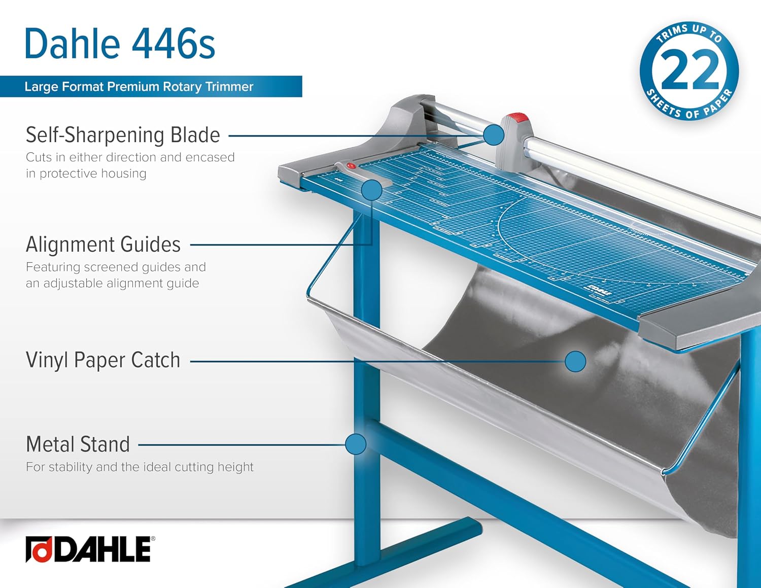 Dahle 446s Premium Rotary Trimmer w/Stand, 36' Cut Length, 25 Sheet Capacity, Self-Sharpening, Automatic Clamp, German Engineered Paper Cutter